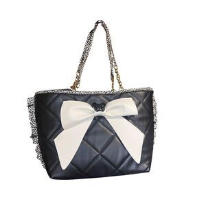 Betsy Johnson Black & White Bull Dog Large Bow Women Leather Tote Shoulder Bag